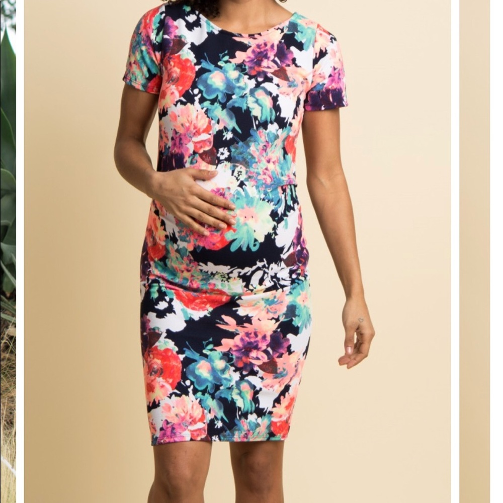 Navy Neon Floral Fitted PinkBlush Maternity Dress